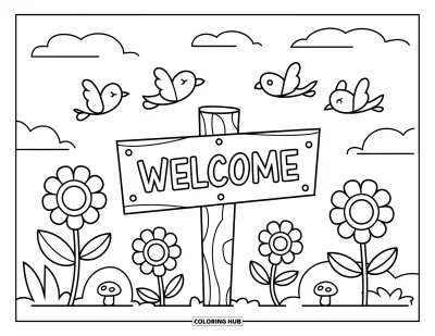 Coloriage de bienvenue pour enfants : Un panneau « WELCOME » en bois au milieu de fleurs, buissons et champignons