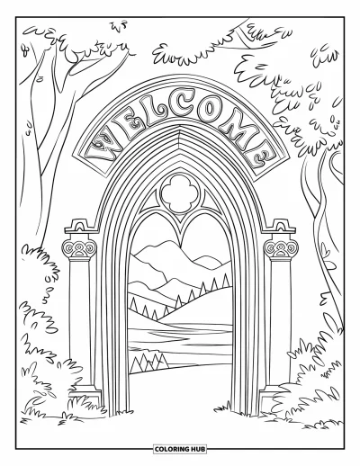 Coloriage de bienvenue pour enfants : Une porte en arche avec « WELCOME » lumineuse au milieu d'arbres et d'un paysage serein