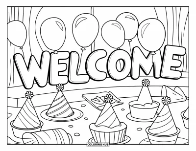 Coloriage de bienvenue pour enfants : Des lettres « WELCOME » en ballons flottant au-dessus de chapeaux de fête et d'un gâteau