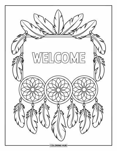 Coloriage de bienvenue pour enfants : Des attrape-rêves et des plumes encadrent un message « WELCOME » central