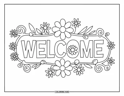 Coloriage de bienvenue pour enfants : Des fleurs et des arabesques entourent un « WELCOME » joyeux et facile à colorier