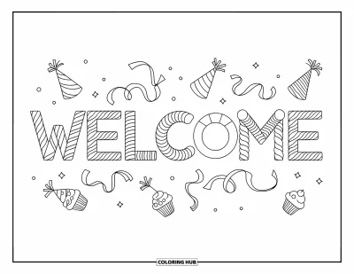 Coloriage de bienvenue pour enfants : Des guirlandes et des cupcakes encadrent une banderole « WELCOME » festive