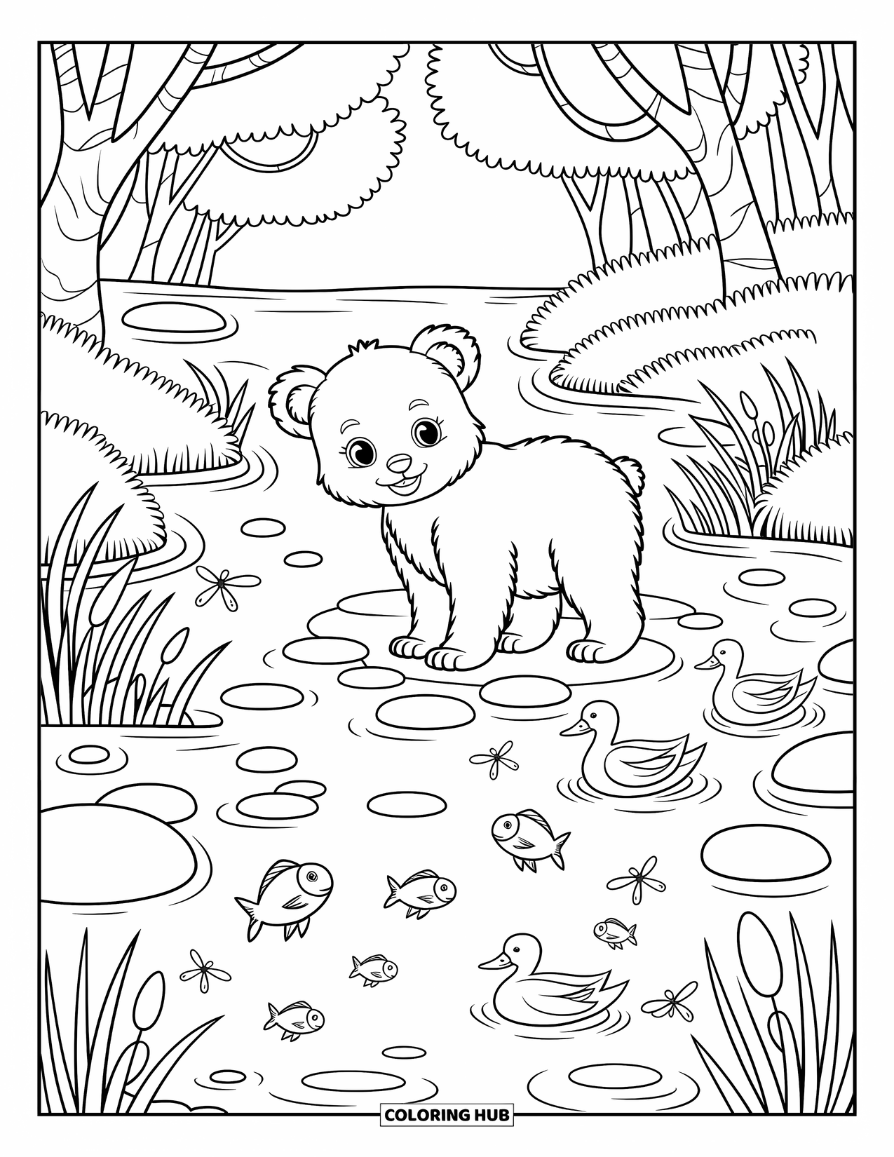 Wildlife Coloring Page for Adults: A bear cub watching fish and ducks by a gently flowing stream