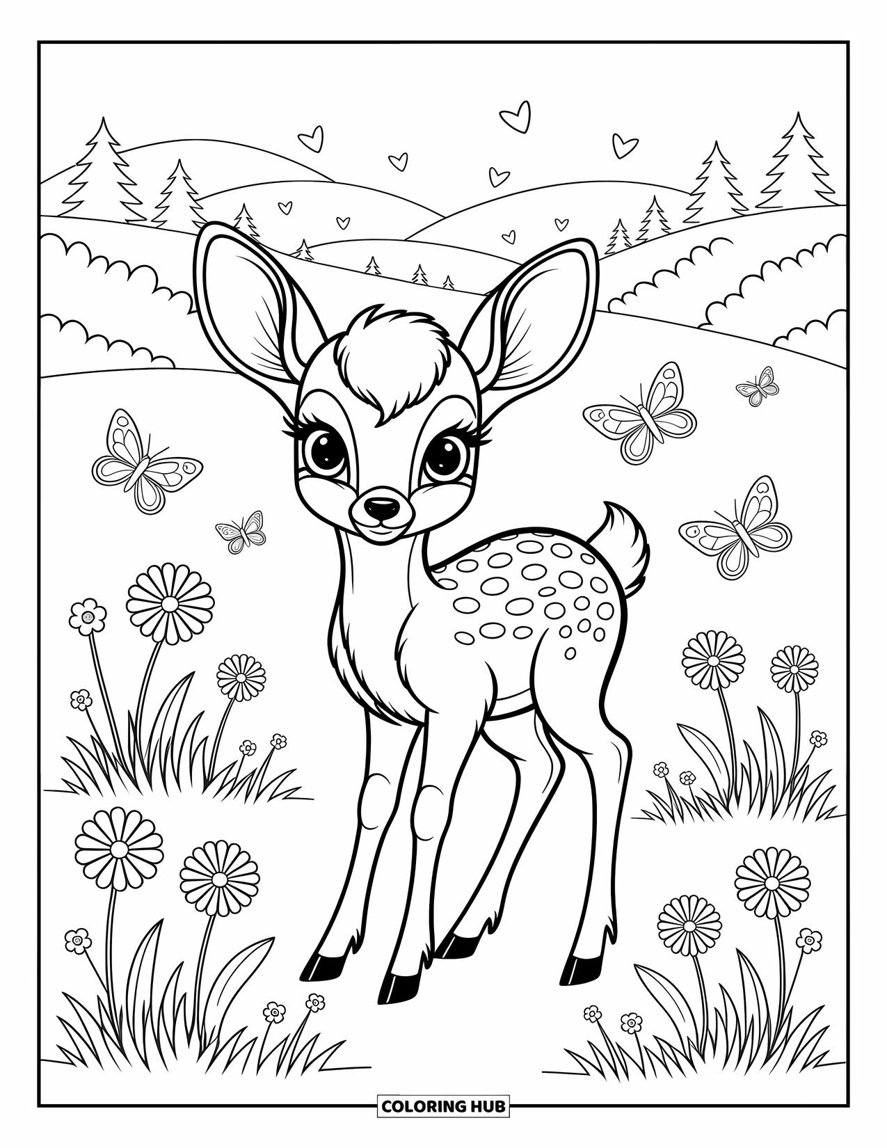 Wildlife Coloring Page for Adults: A curious fawn standing in a sunny meadow filled with blossoms