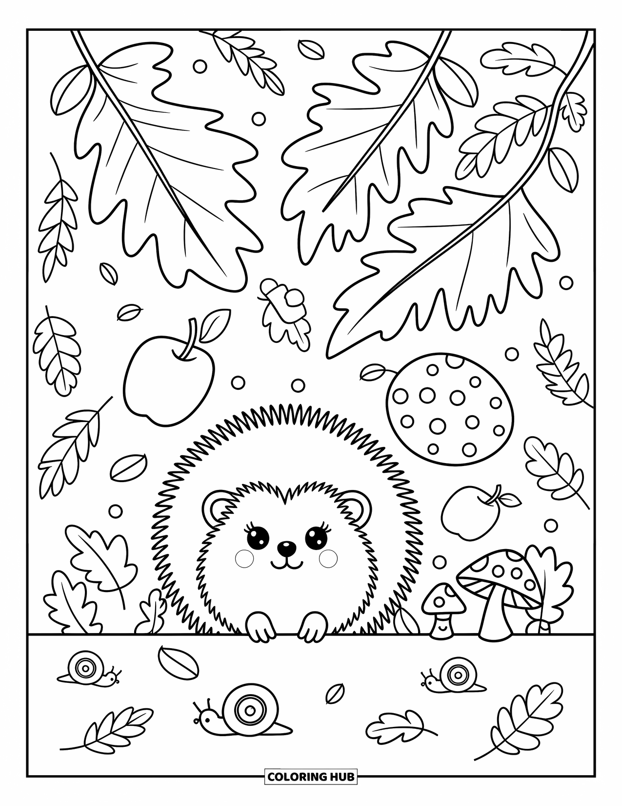 Wildlife Coloring Page for Adults: A cute hedgehog hiding beneath autumn leaves with apples and snails nearby
