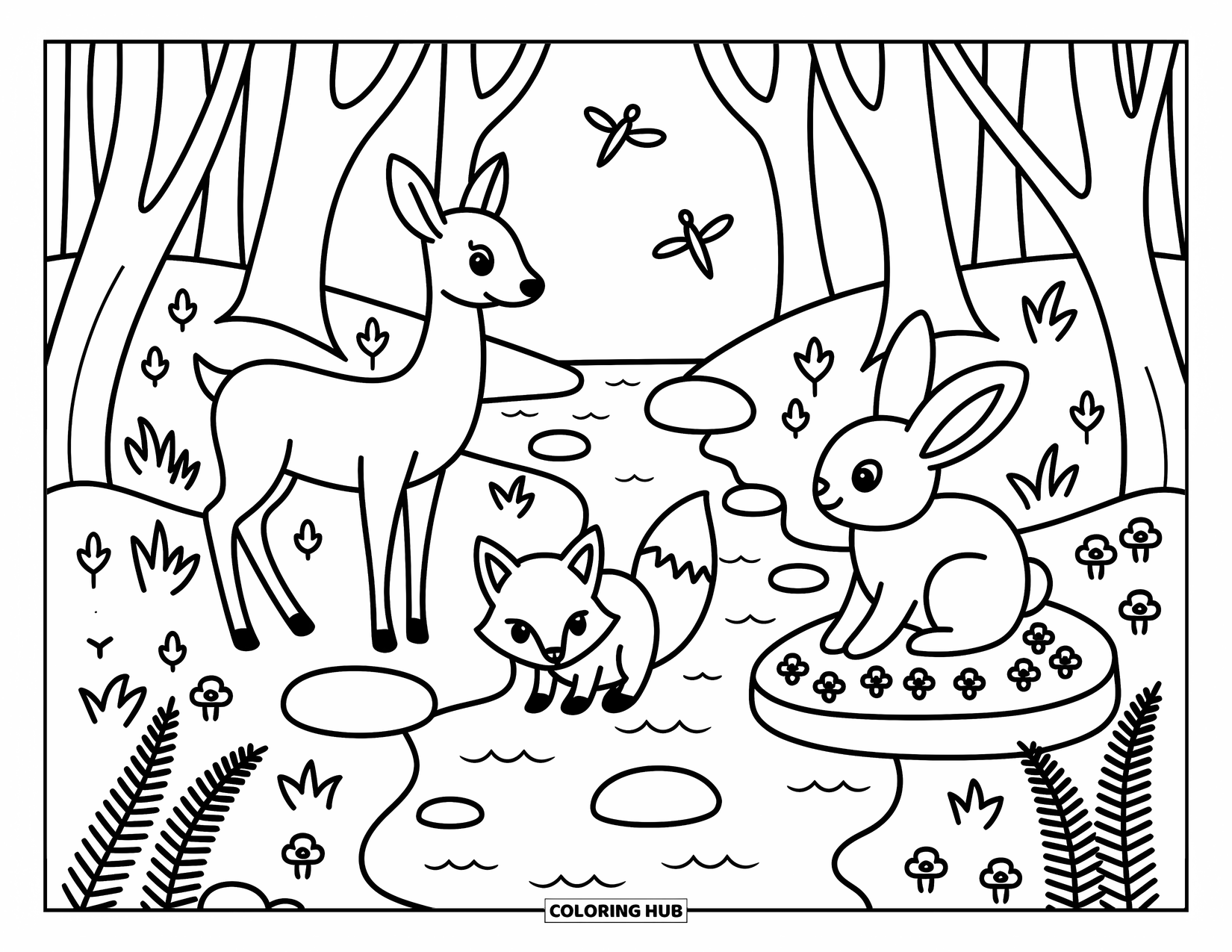 Wildlife Coloring Page for Adults: A deer, fox, and rabbit enjoying a calm day near a gentle forest stream