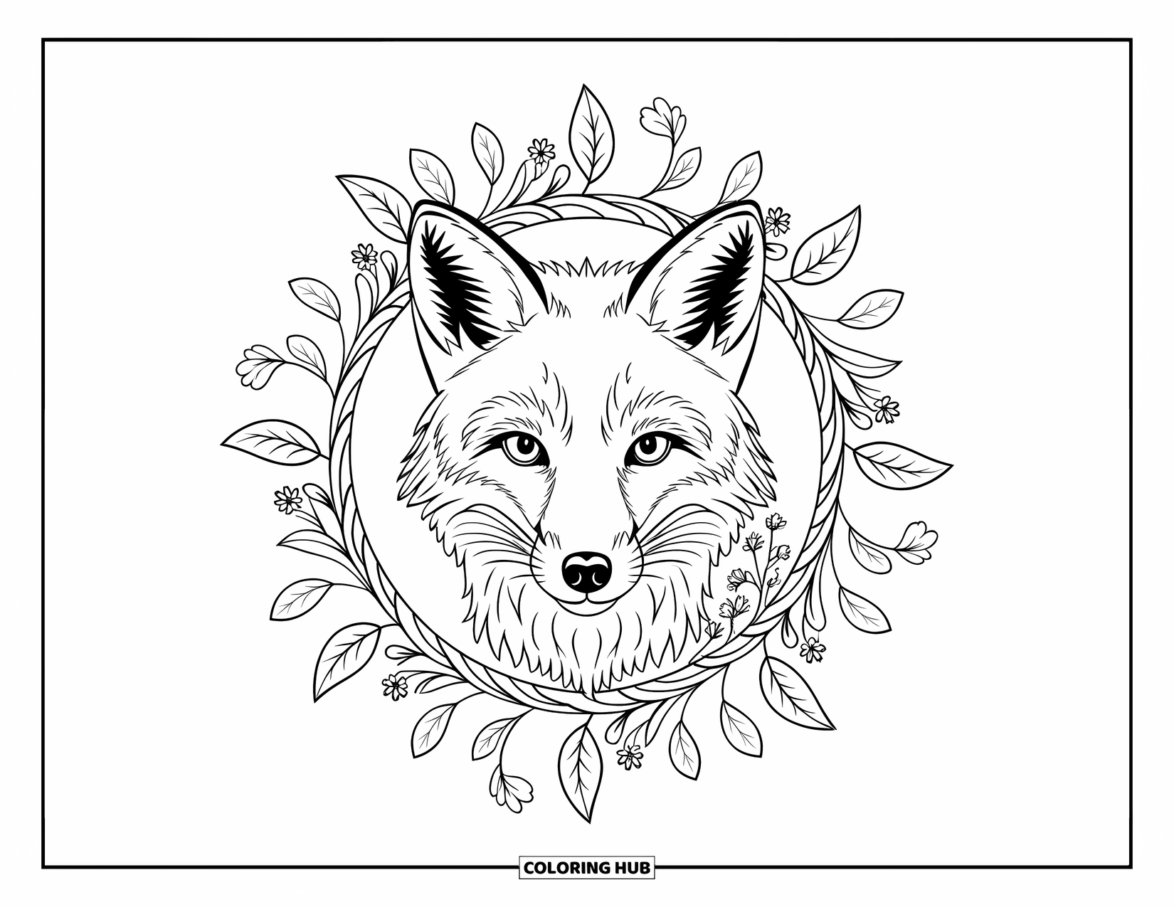 Wildlife Coloring Page for Adults: A fox's face surrounded by a floral mandala of leaves and blooms