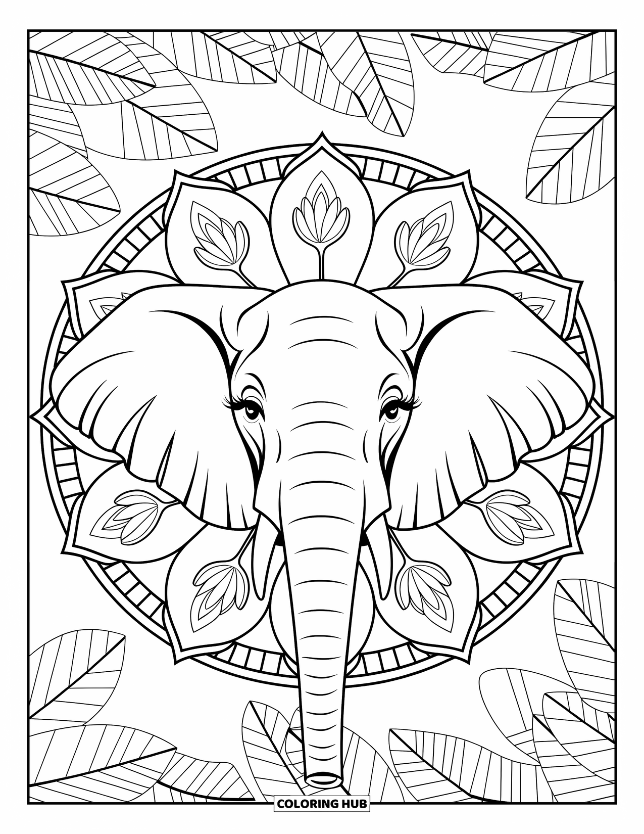 Wildlife Coloring Page for Adults: A gentle elephant surrounded by a lotus mandala and lush leaves