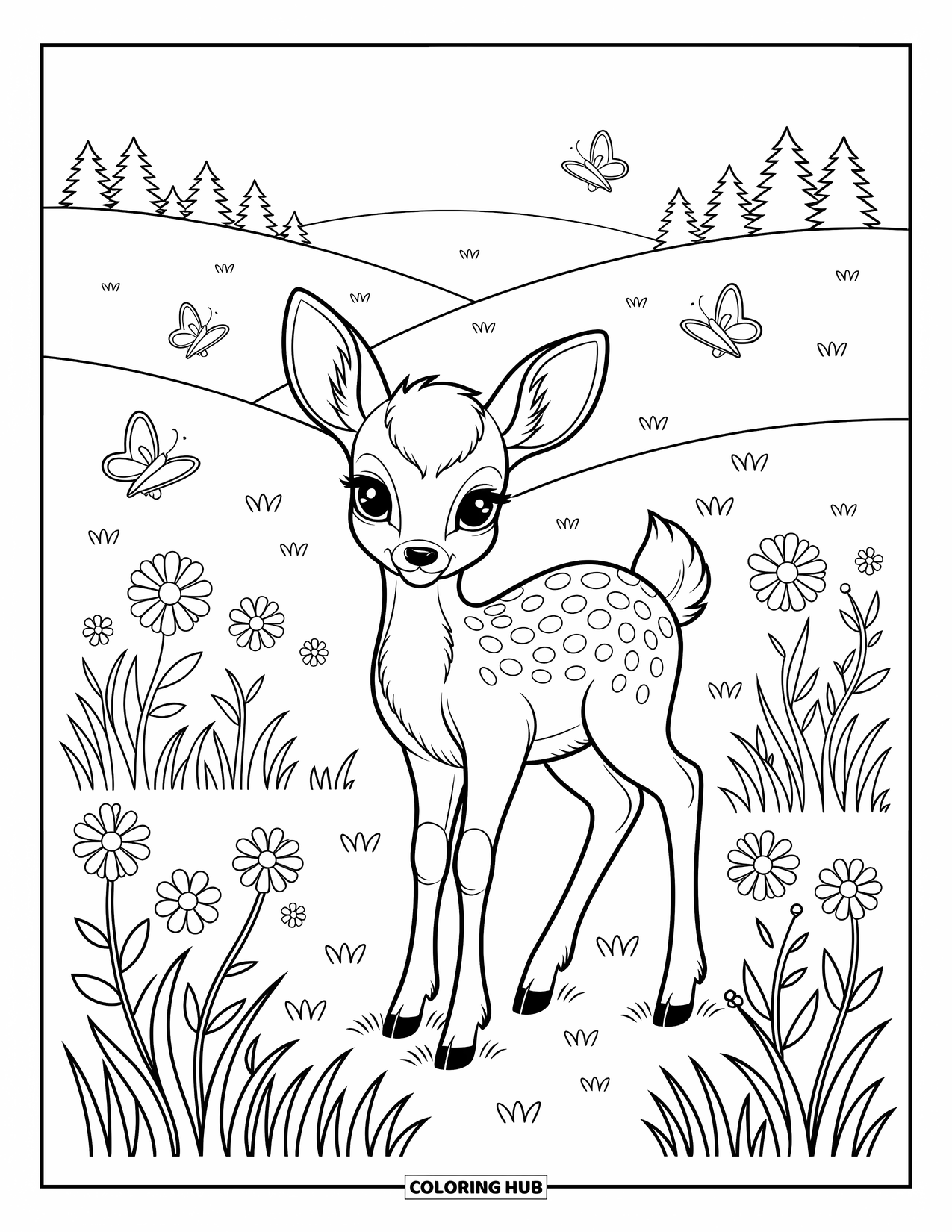Wildlife Coloring Page for Adults: A gentle fawn surrounded by wildflowers and fluttering butterflies