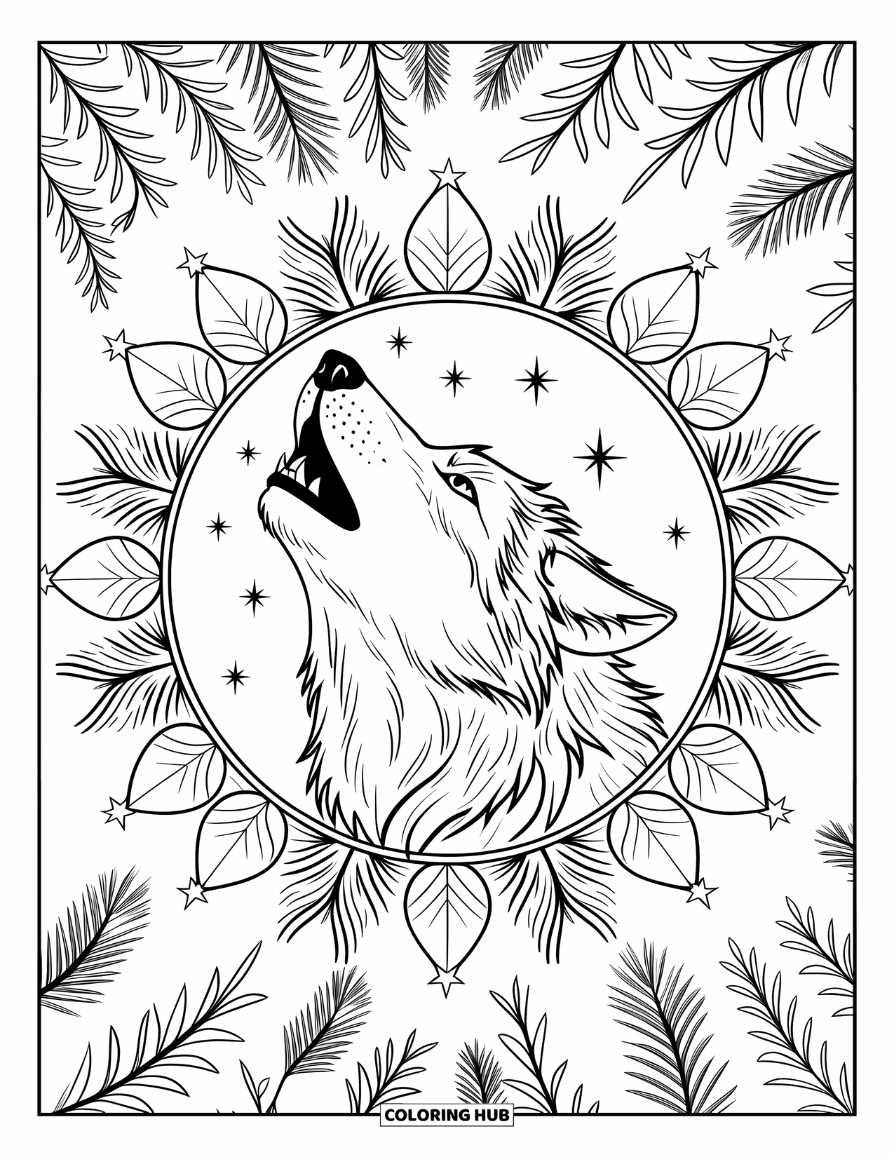 Wildlife Coloring Page for Adults: A howling wolf framed by pine branches and shining stars