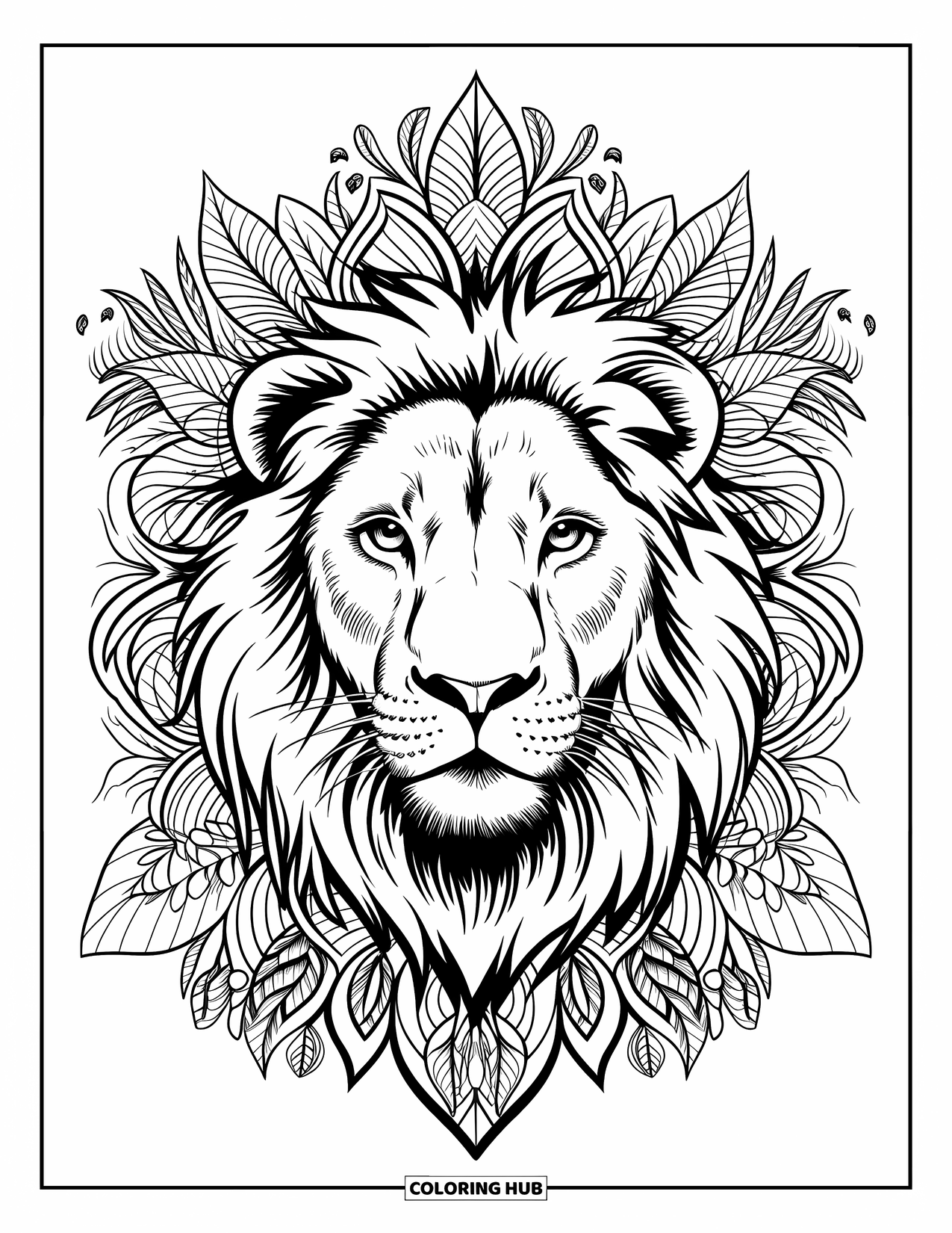 Wildlife Coloring Page for Adults: A lion gazing forward amid a mandala of lush jungle foliage