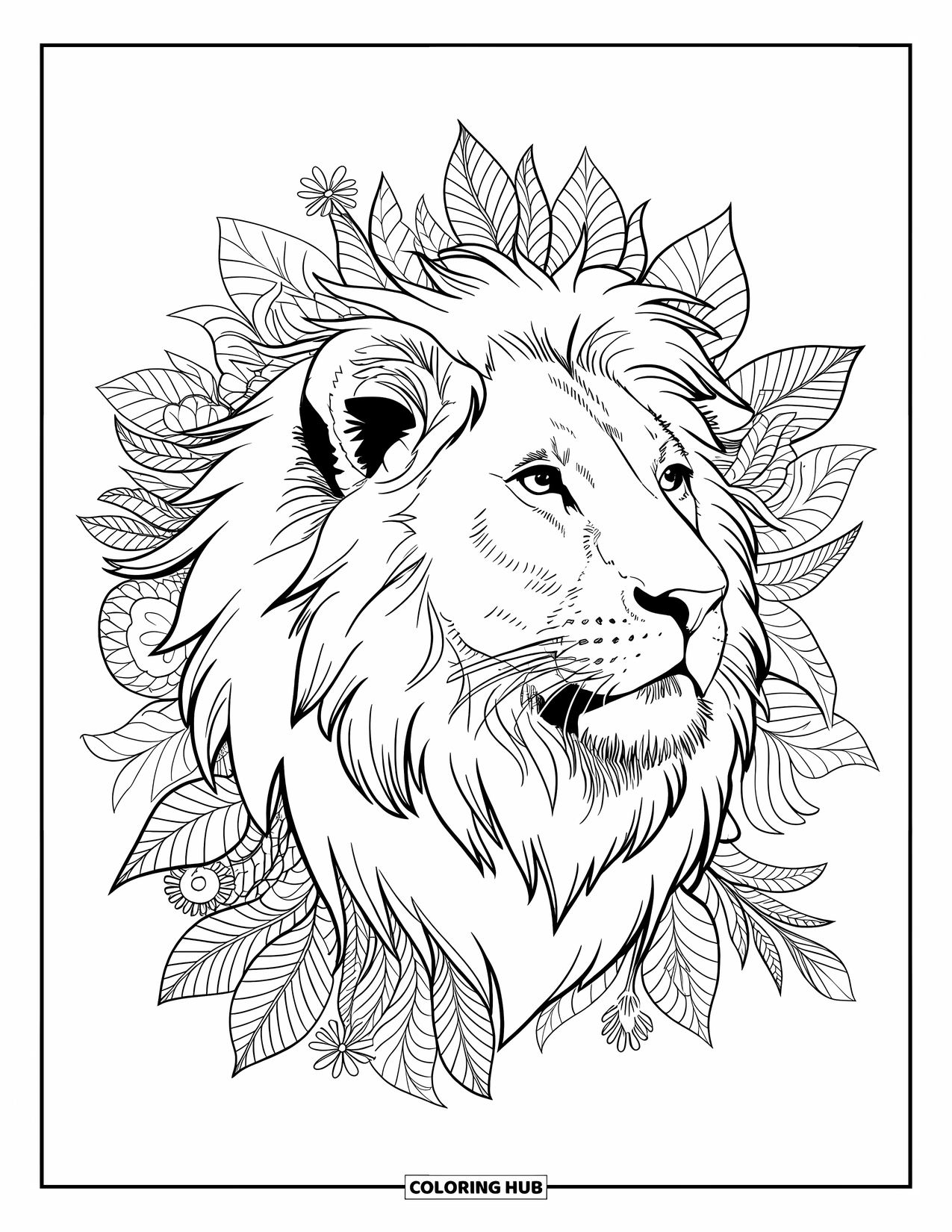 Wildlife Coloring Page for Adults: A lion glancing sideways within a floral jungle mandala