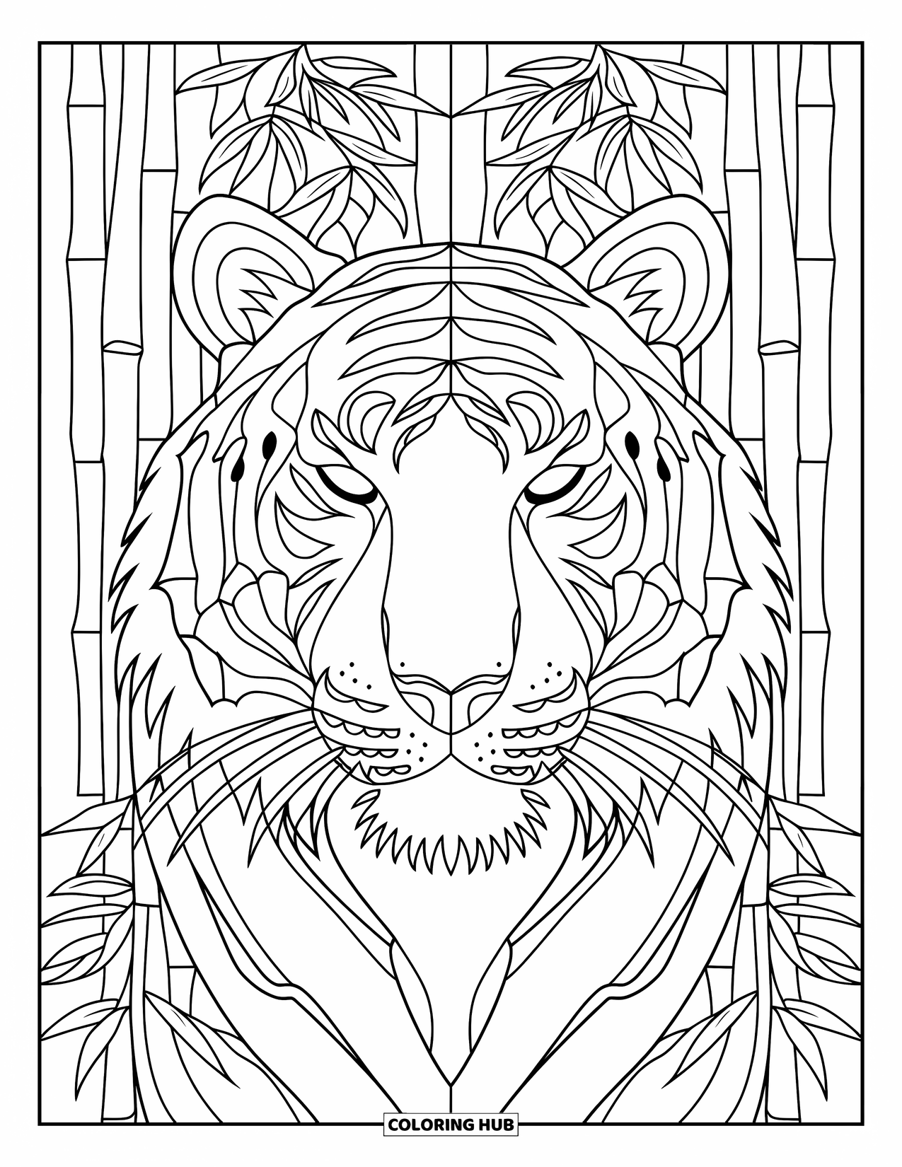 Wildlife Coloring Page for Adults: A serene tiger surrounded by stained-glass bamboo patterns