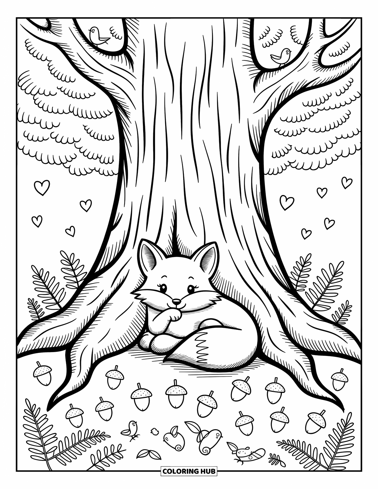 Wildlife Coloring Page for Adults: A small fox curled up beneath an ancient tree surrounded by mushrooms
