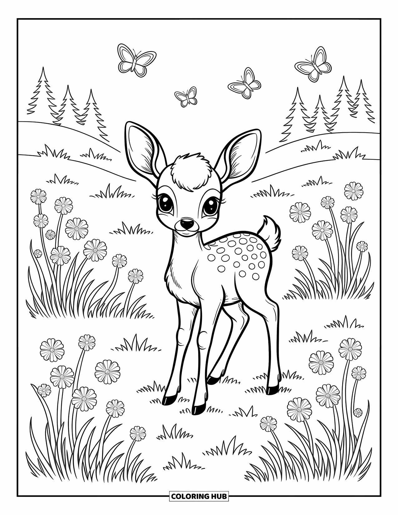 Wildlife Coloring Page for Adults: A sweet fawn gazing curiously in a meadow with hills and pine trees