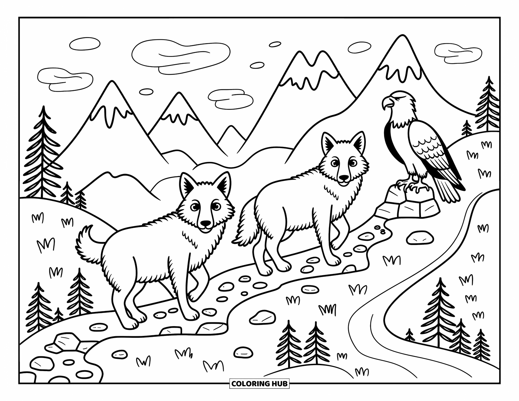 Wildlife Coloring Page for Adults: A wolf, goat, and eagle share a peaceful mountain trail surrounded by pine trees