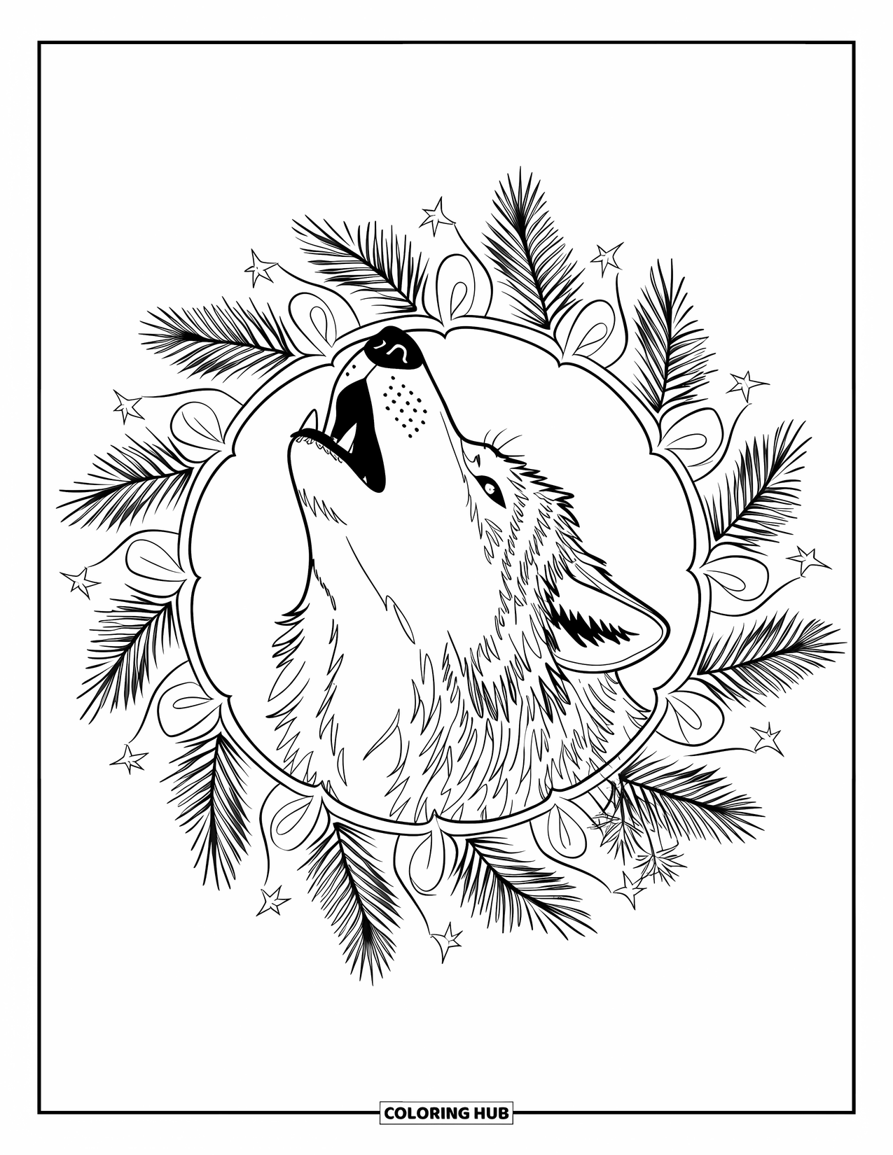 Wildlife Coloring Page for Adults: A wolf howling inside a circular mandala of pines and stars