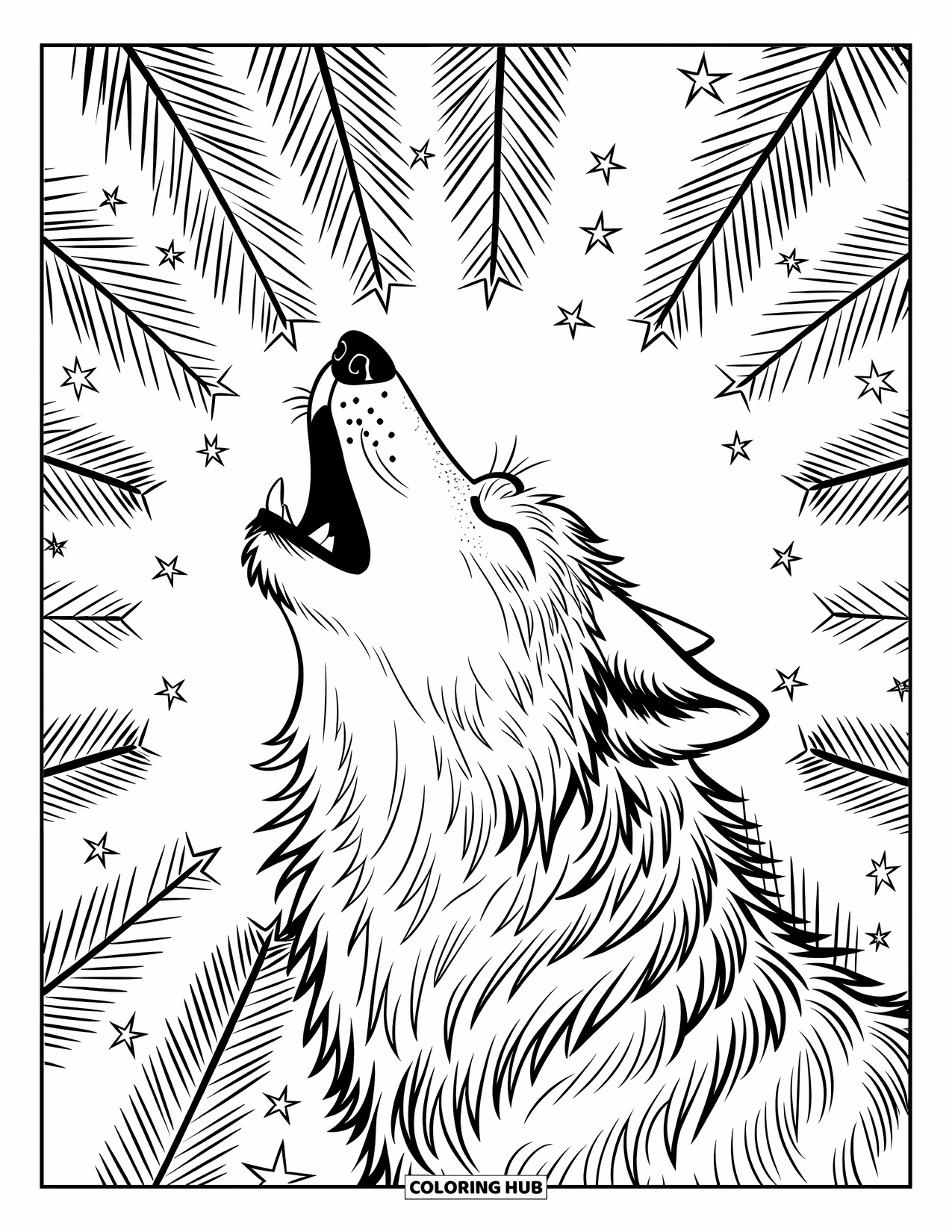 Wildlife Coloring Page for Adults: A wolf howling within a forest mandala of stars and pine boughs