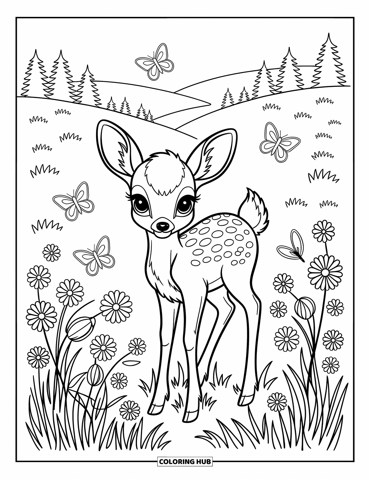 Wildlife Coloring Page for Adults: A young fawn standing in a meadow filled with flowers and butterflies