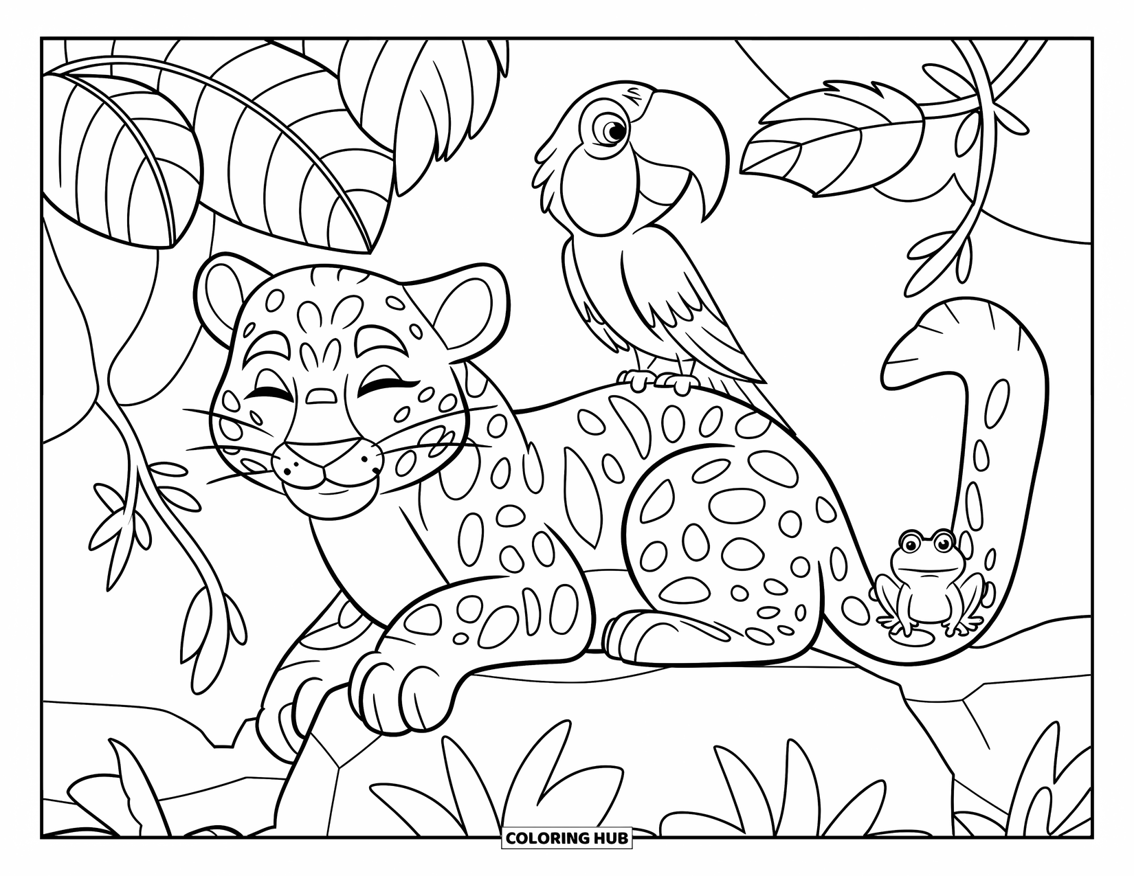Wildlife Coloring Page for Kids: A calm jaguar, bright parrot, and curious frog resting in the jungle