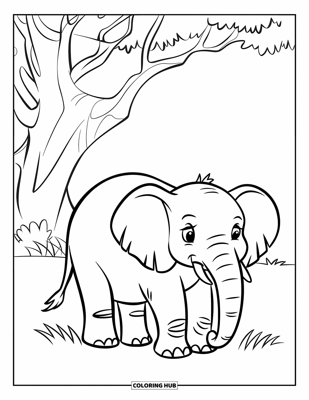 Wildlife Coloring Page for Kids: A cheerful elephant standing on grass beneath a wide, open sky