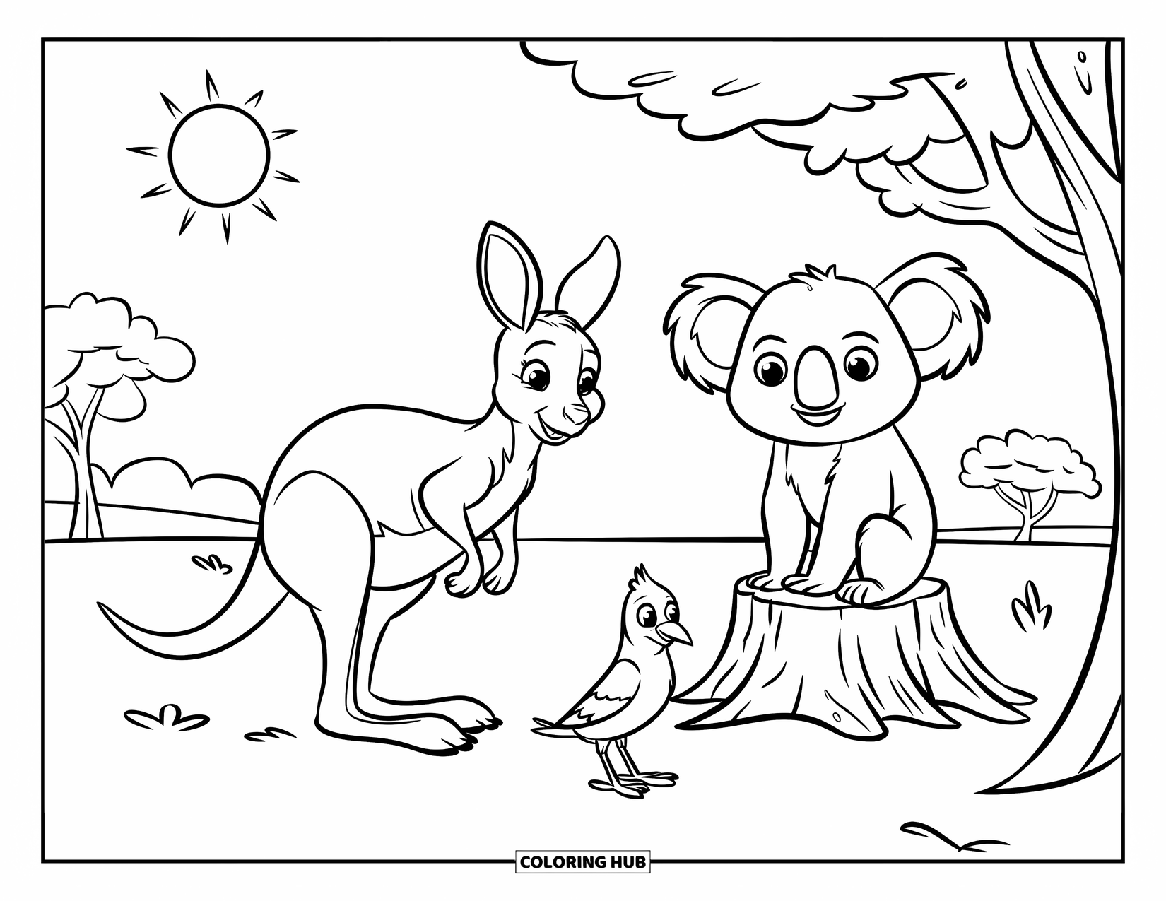 Wildlife Coloring Page for Kids: A cheerful kangaroo, koala, and bird under a sunny sky