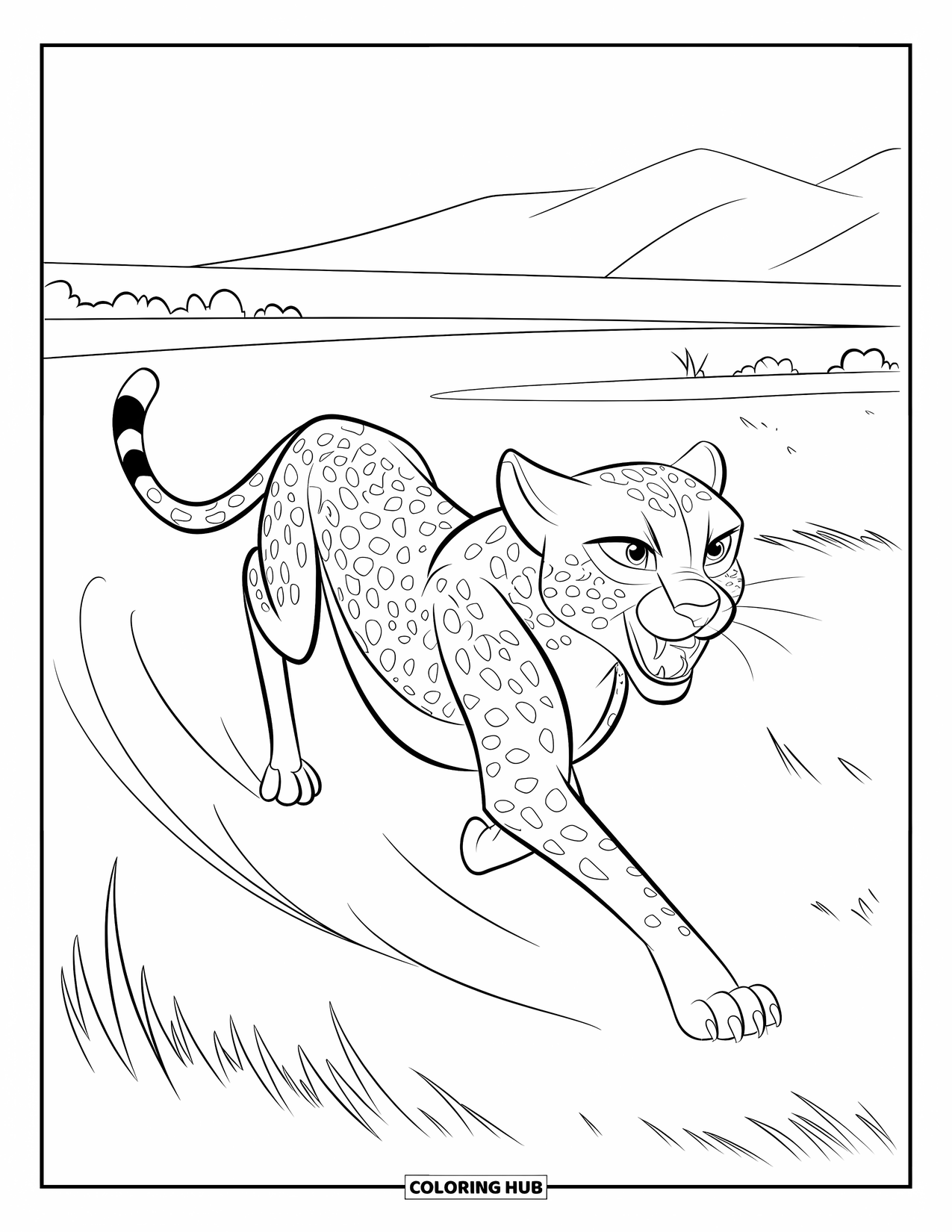 Wildlife Coloring Page for Kids: A cheetah dashing across the savanna with wind sweeping behind
