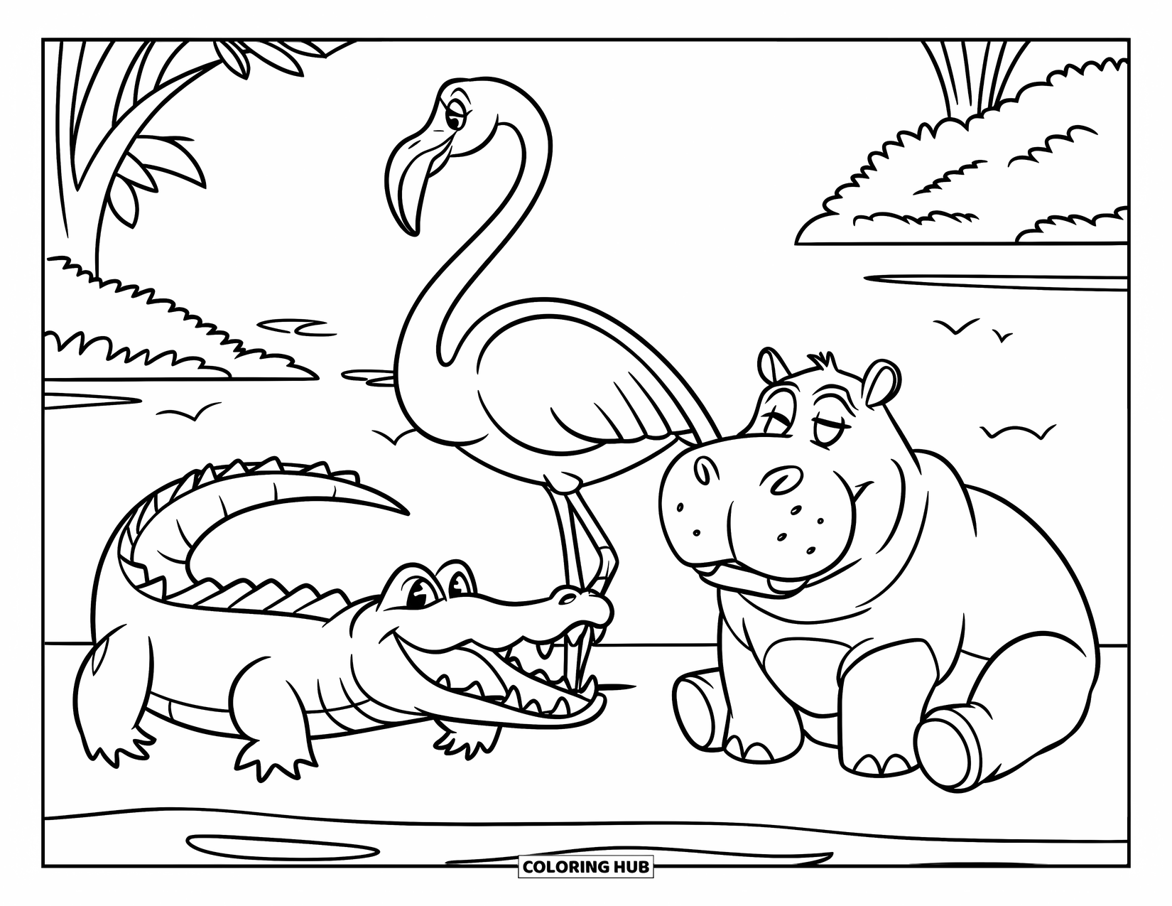 Wildlife Coloring Page for Kids: A crocodile, flamingo, and hippo resting by a quiet riverbank