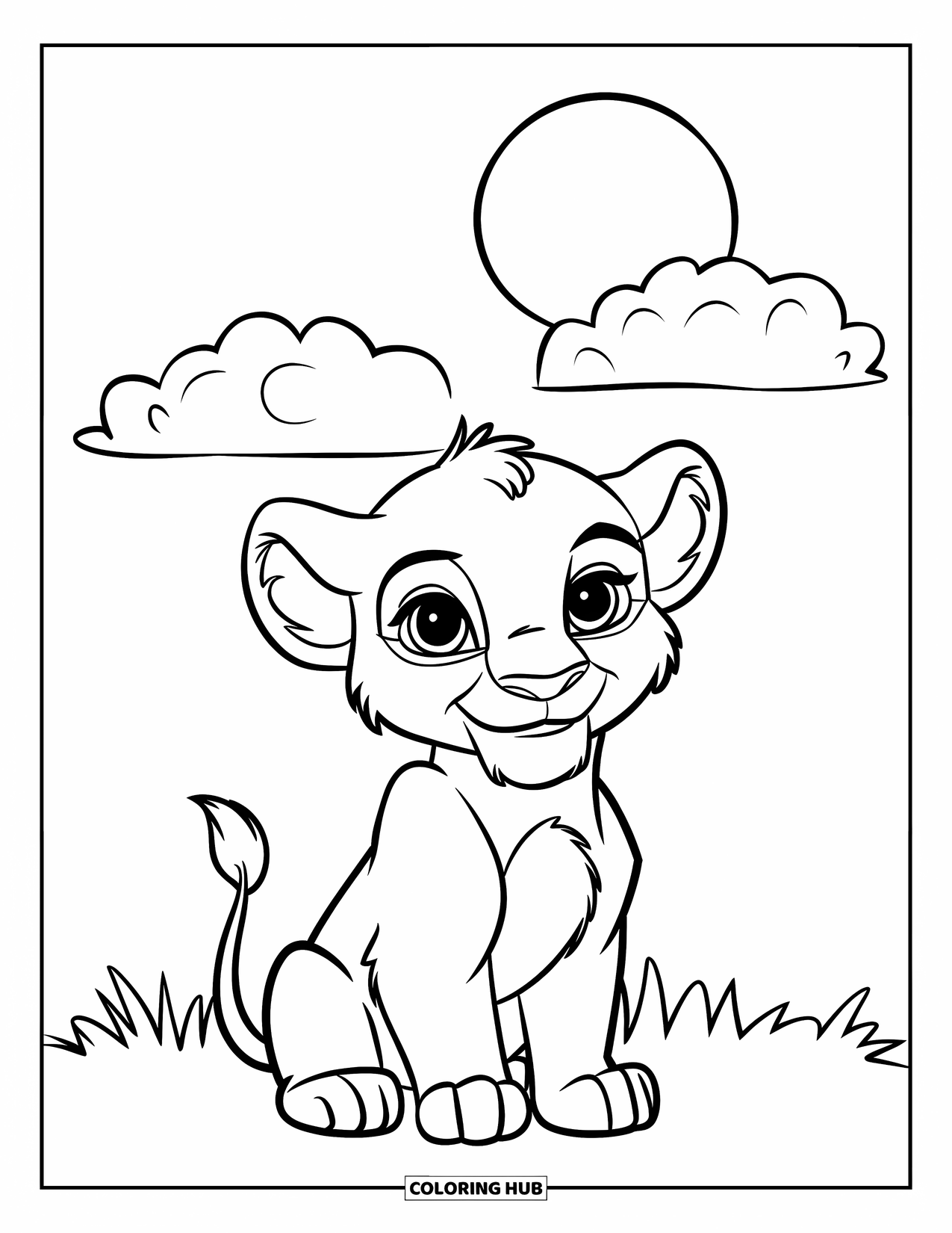 Wildlife Coloring Page for Kids: A cute lion cub sitting beneath a bright sun and fluffy clouds