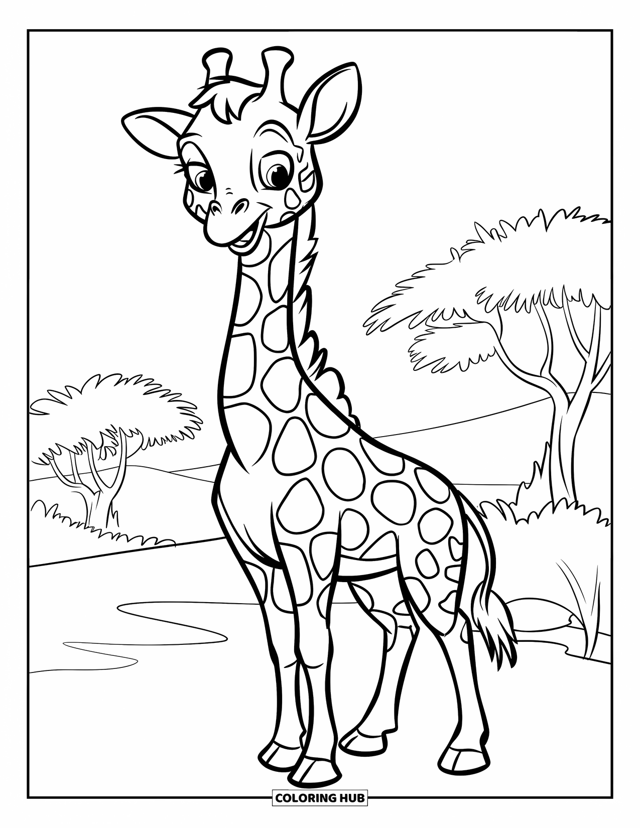 Wildlife Coloring Page for Kids: A friendly giraffe standing tall under the clear open sky