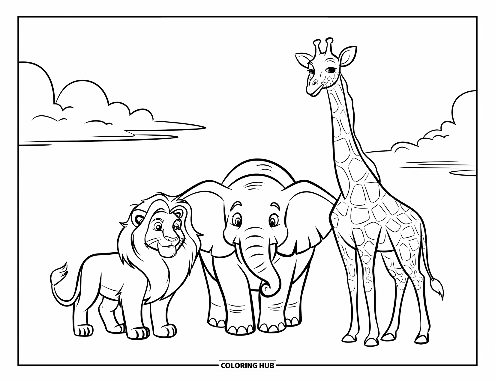 Wildlife Coloring Page for Kids: A friendly lion, elephant, and giraffe together in open plains