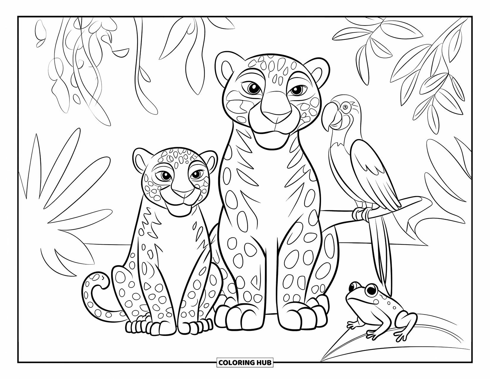 Wildlife Coloring Page for Kids: A jaguar, parrot, and frog relaxing together in a tropical jungle