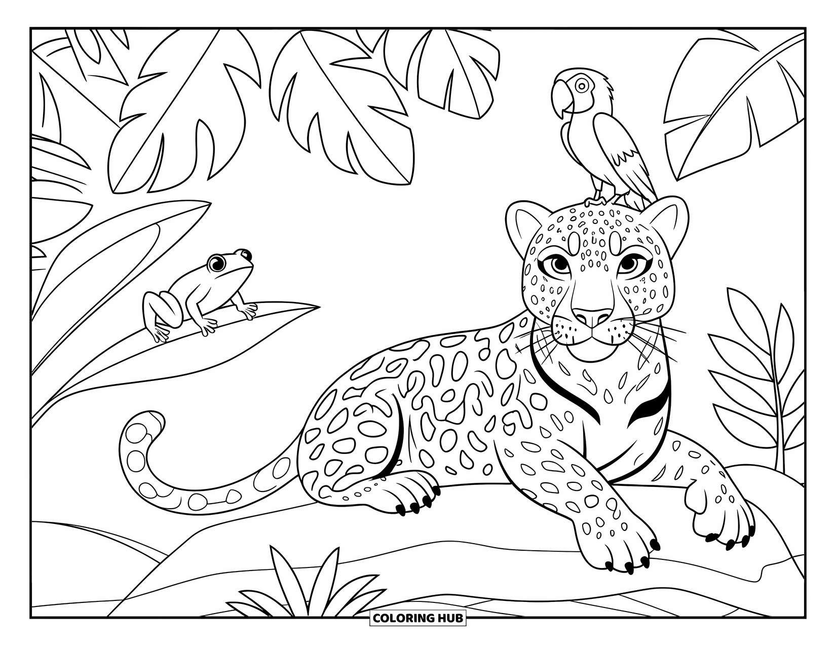 Wildlife Coloring Page for Kids: A jaguar with a parrot and frog surrounded by lush jungle plants