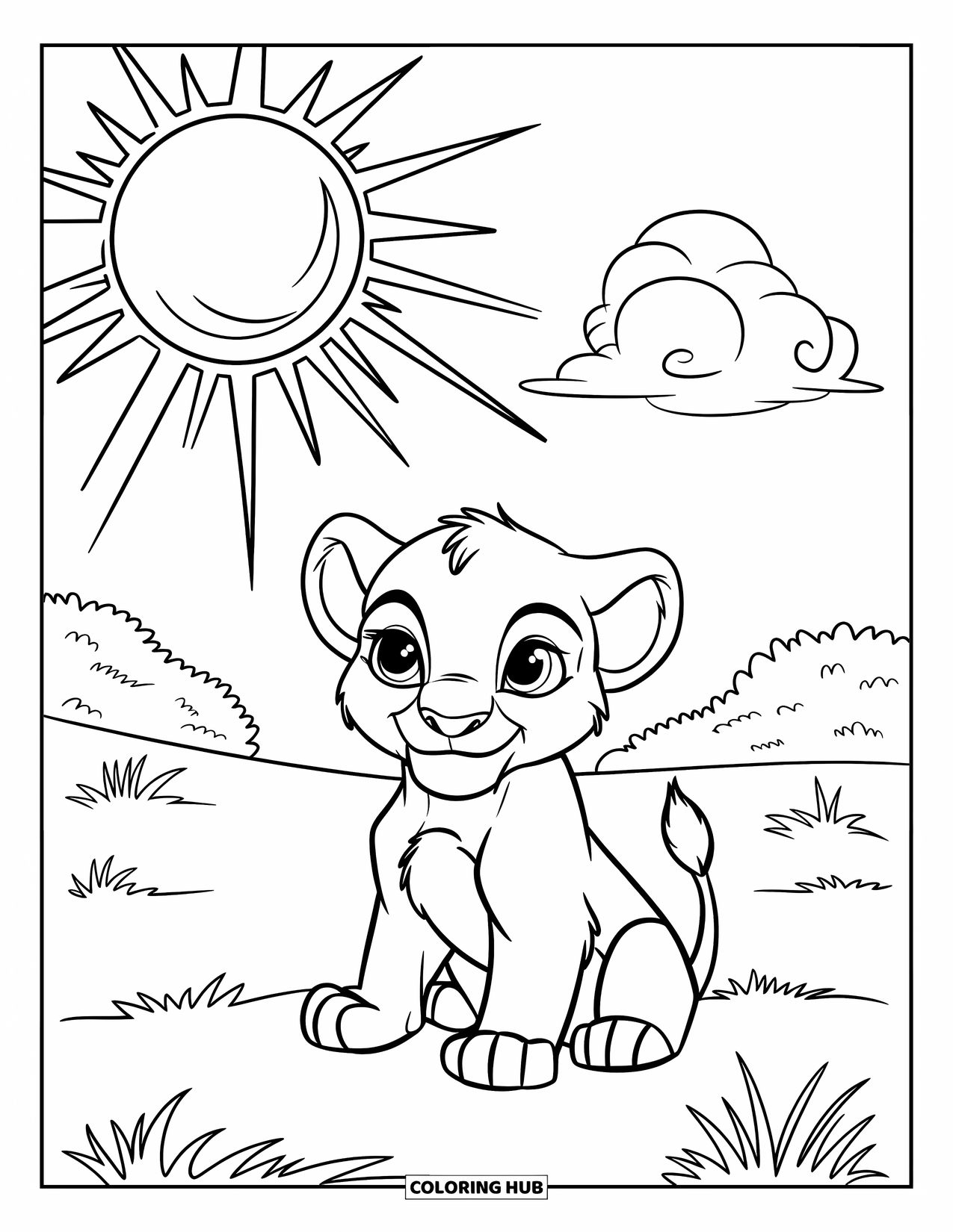 Wildlife Coloring Page for Kids: A joyful lion cub resting in a sunny, open field of grass