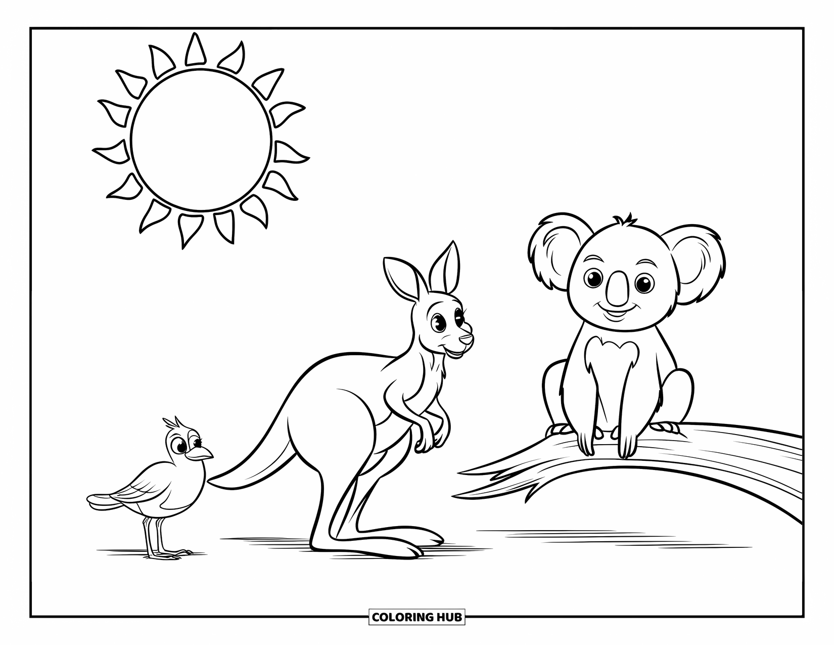 Wildlife Coloring Page for Kids: A kangaroo, koala, and bird together beneath a warm, bright sun