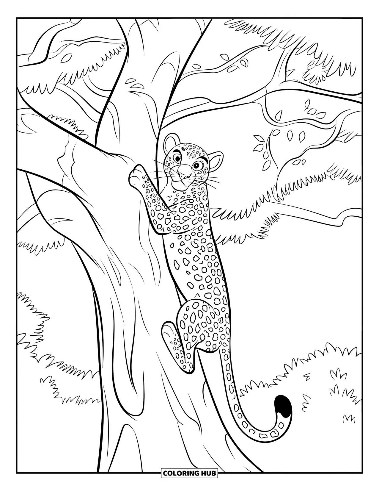 Wildlife Coloring Page for Kids: A leopard climbing up a tall tree in a leafy forest