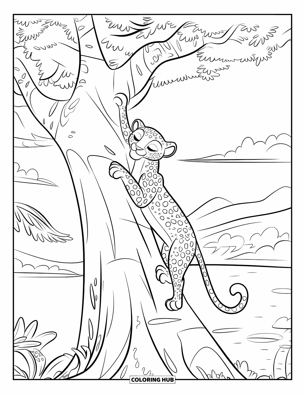 Wildlife Coloring Page for Kids: A leopard scaling a large tree surrounded by peaceful scenery