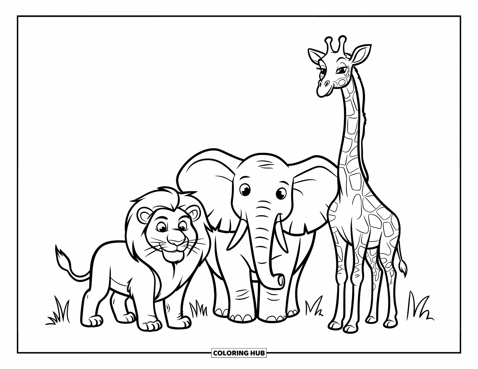 Wildlife Coloring Page for Kids: A lion, elephant, and giraffe standing proudly on open grassland