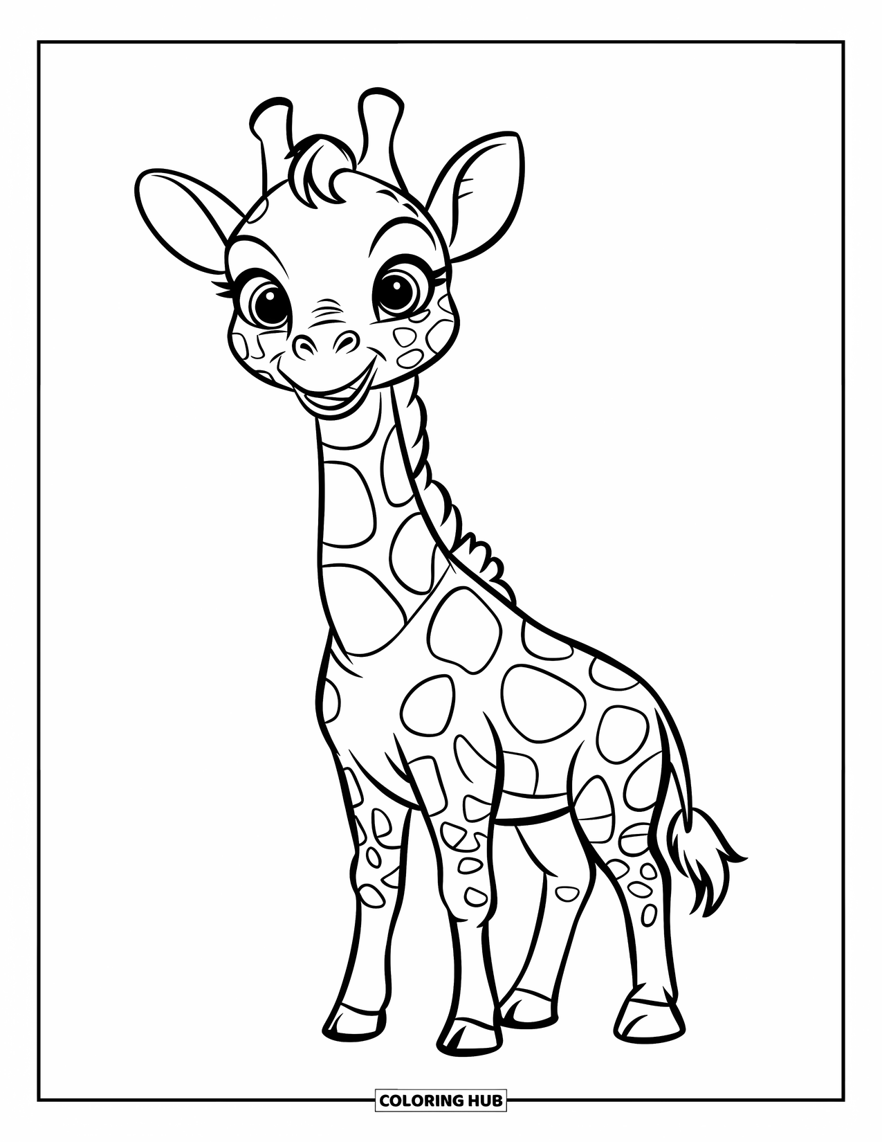 Wildlife Coloring Page for Kids: A playful giraffe with big spots and a happy expression