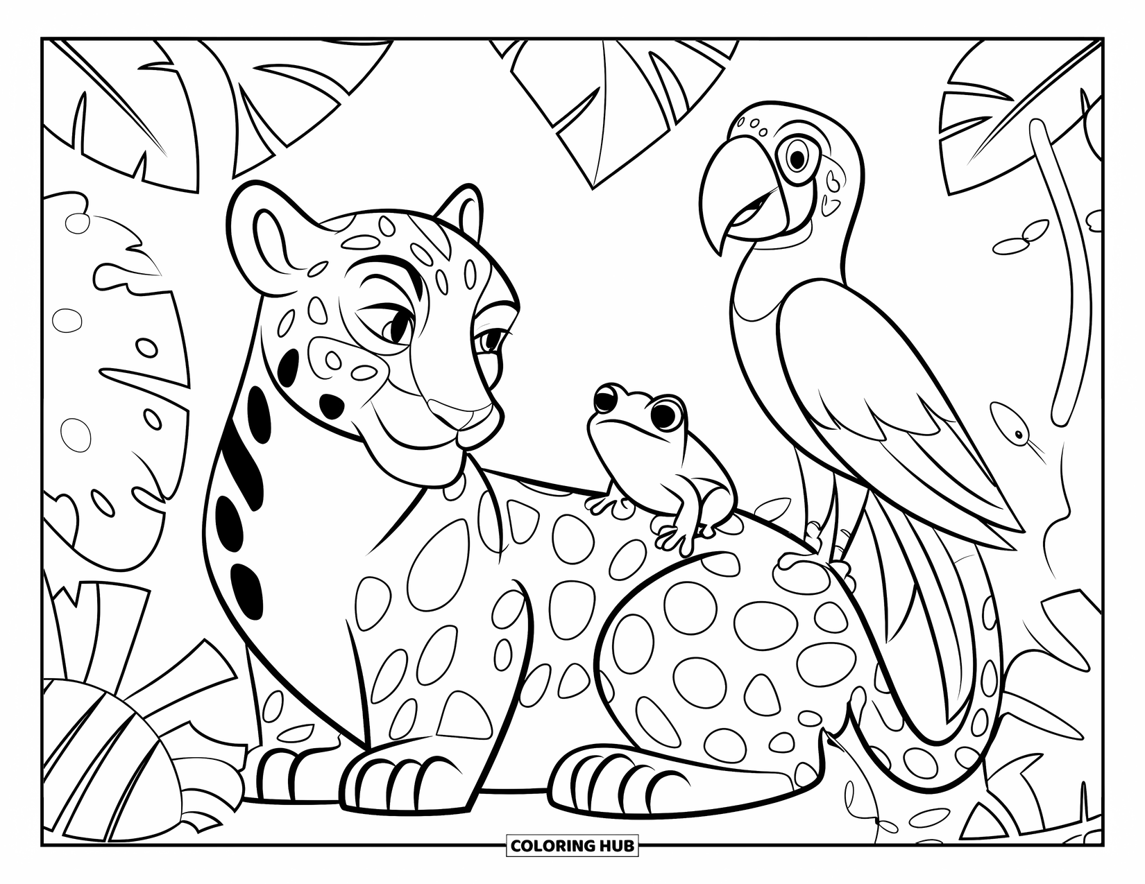 Wildlife Coloring Page for Kids: A playful jaguar, parrot, and frog in a vibrant tropical forest