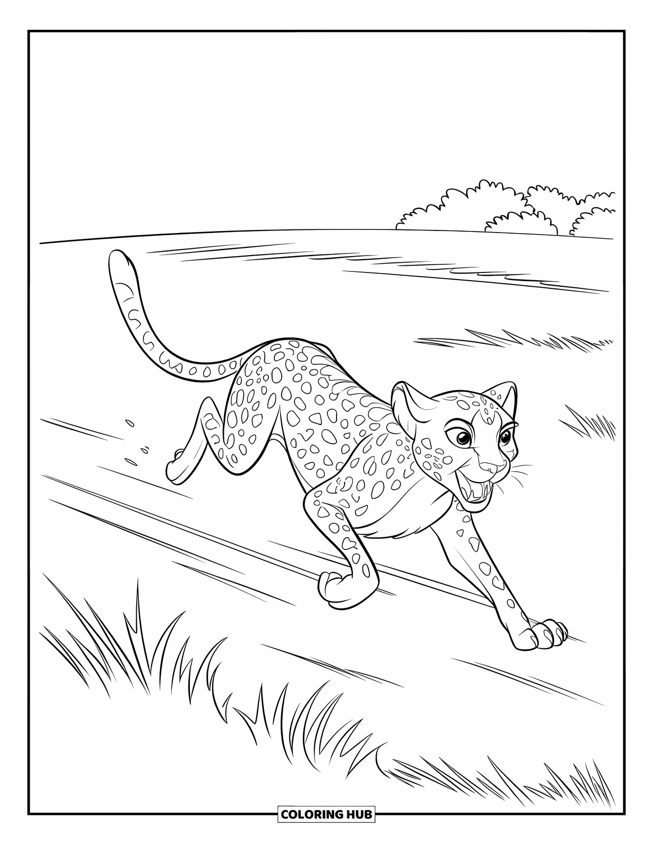 Wildlife Coloring Page for Kids: A running cheetah racing through the open grassy plains