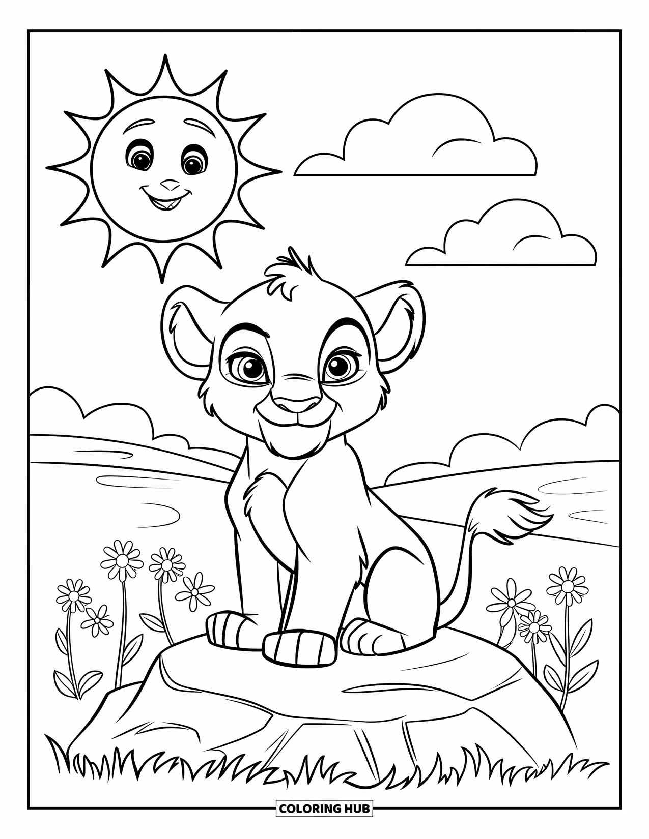 Wildlife Coloring Page for Kids: A smiling lion cub resting on a rock under a sunny sky