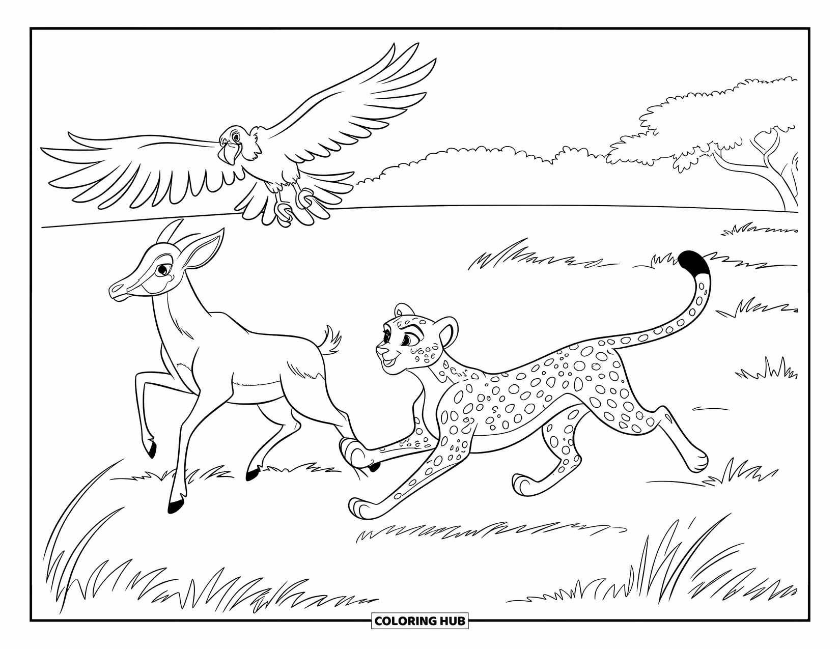 Wildlife Coloring Page for Kids: A wildlife chase with a cheetah, antelope, and vulture in motion