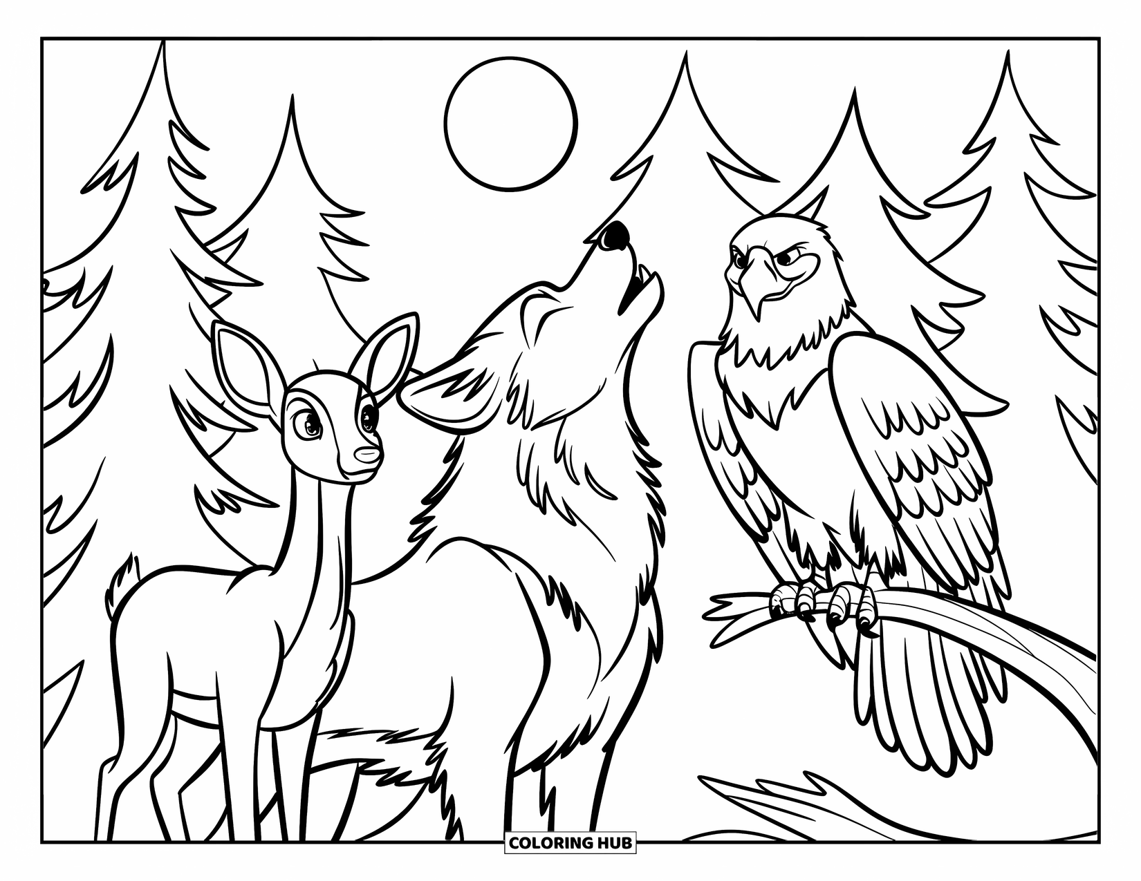 Wildlife Coloring Page for Kids: A wolf howls at the moon beside a deer and eagle under tall pine trees