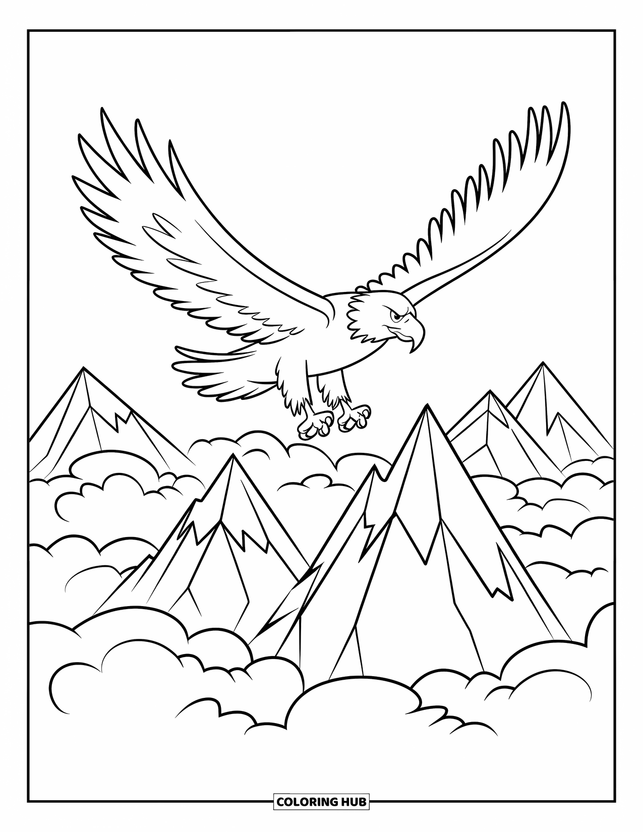 Wildlife Coloring Page for Kids: An eagle gliding gracefully above mountains and rolling clouds