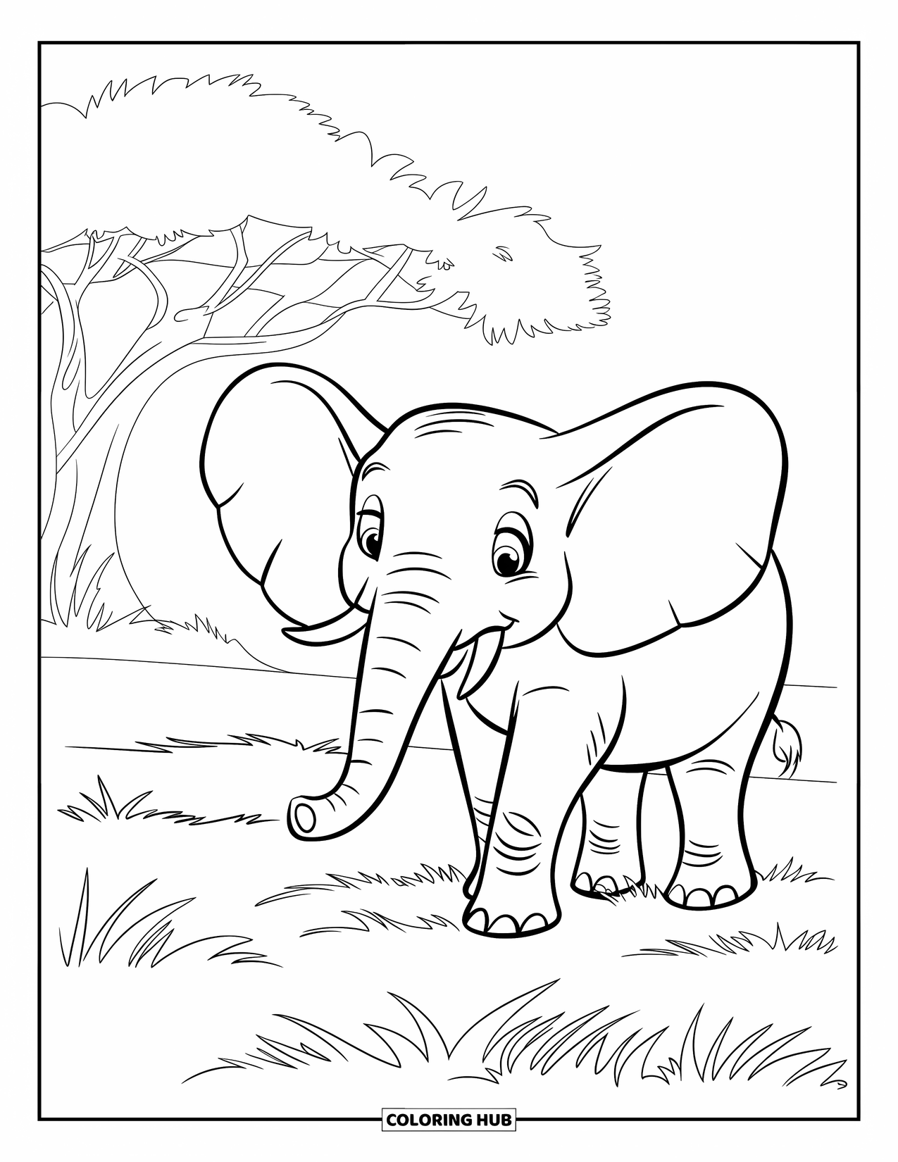 Wildlife Coloring Page for Kids: An elephant standing near a tall tree in an open grassland