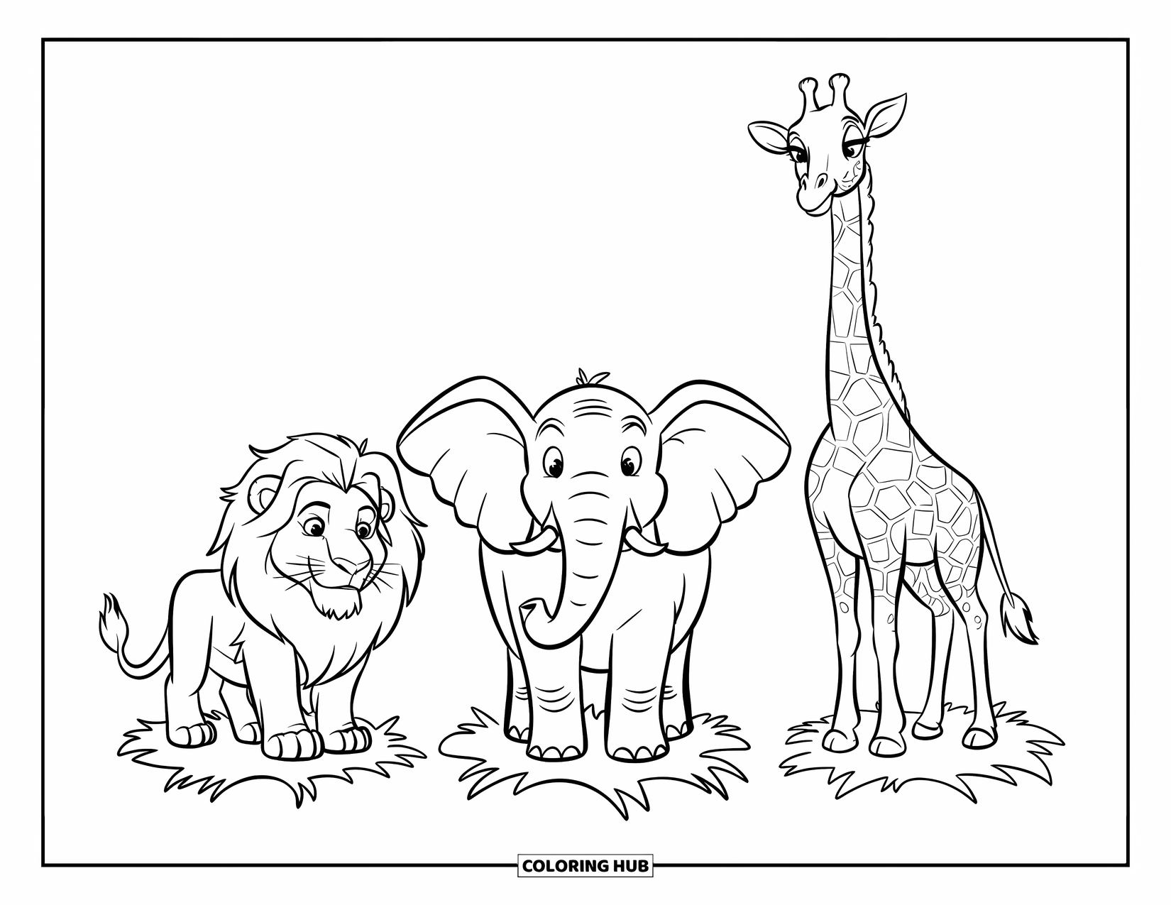 Wildlife Coloring Page for Kids: Three animals-a lion, elephant, and giraffe-standing in tall grass