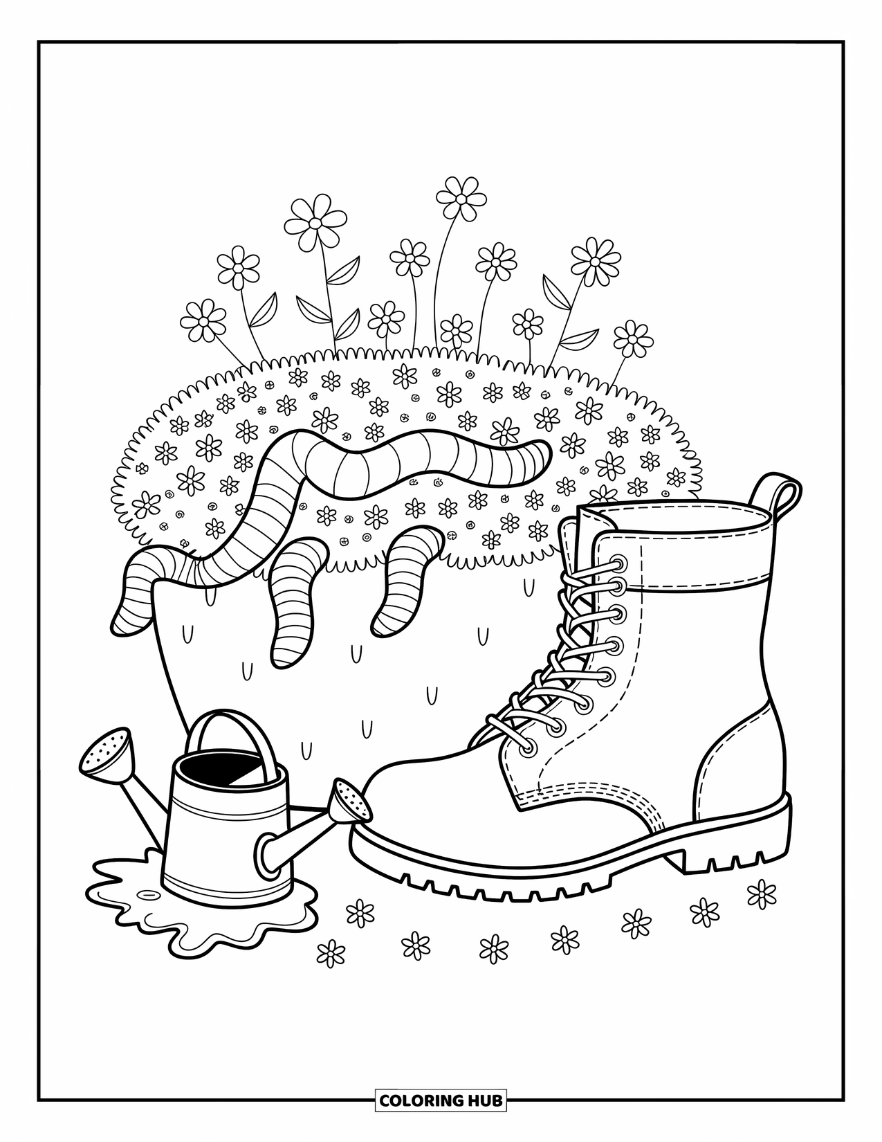 Worm Coloring Page for Adults: A playful worm emerging near an old boot and a flowerbed