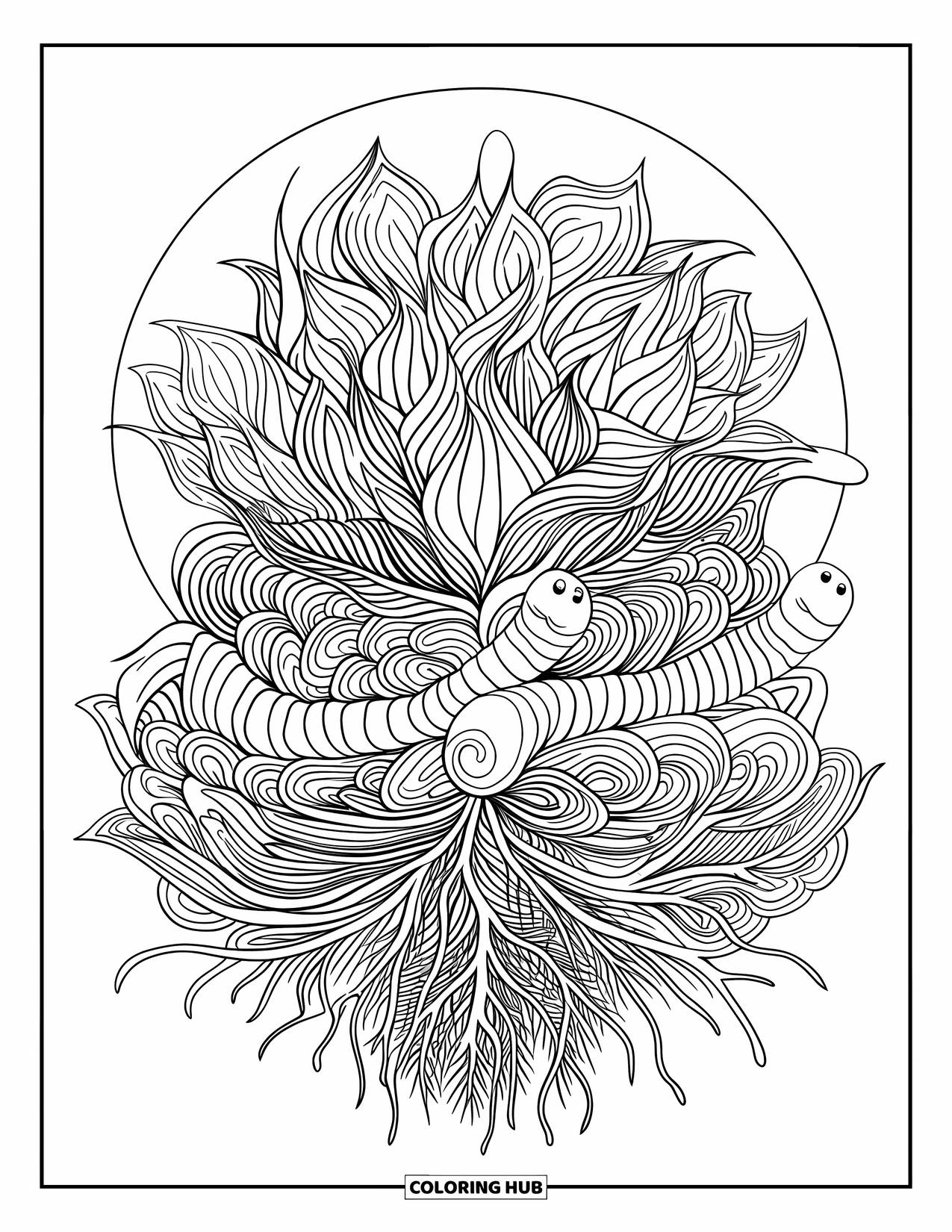 Worm Coloring Page for Adults: Worm hides in a detailed floral mandala with layered petals and root shapes