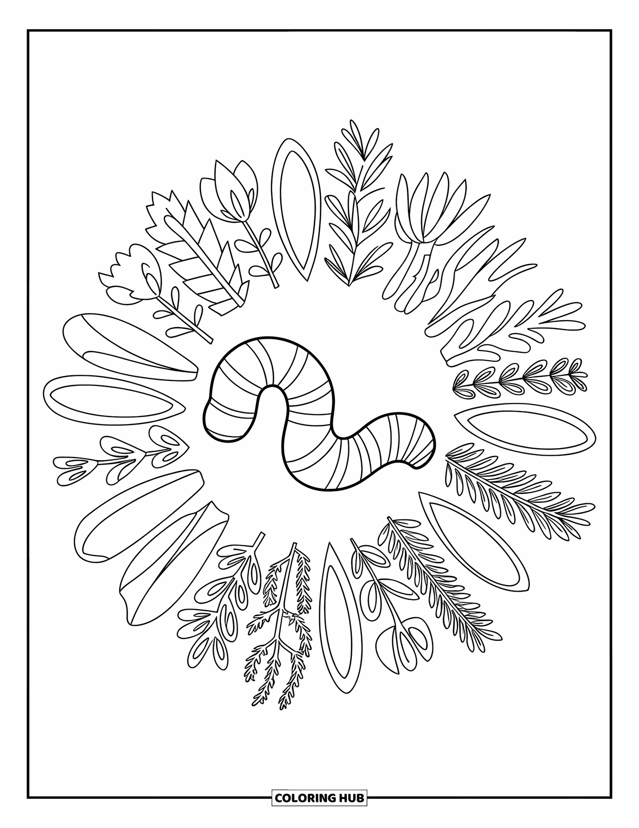 Worm Coloring Page for Adults: Worm moves gently through a circle of uniquely shaped herbs